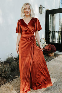 Meghan Velvet Wrap Maxi Dress | Rust ...